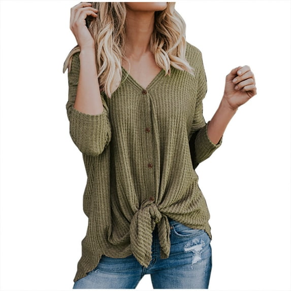 Women's Waffle Knit Tunic Blouse Tie Knot Henley Tops Loose Fitting V Neck Bat Wing Plain Shirts Sweater for Women