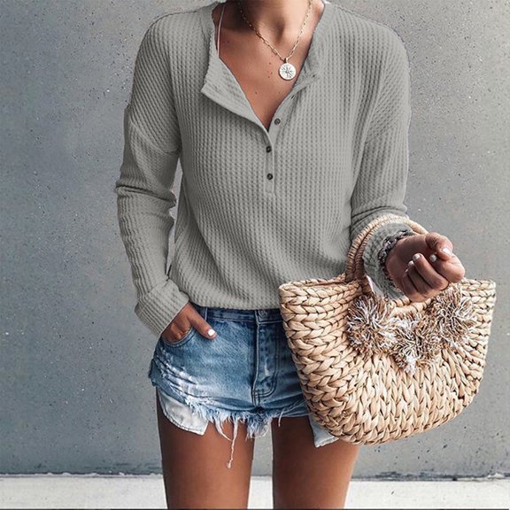 Women's Waffle Knit Tunic Tops Loose Long Sleeve Button Up V Neck Henley Shirts Gray M