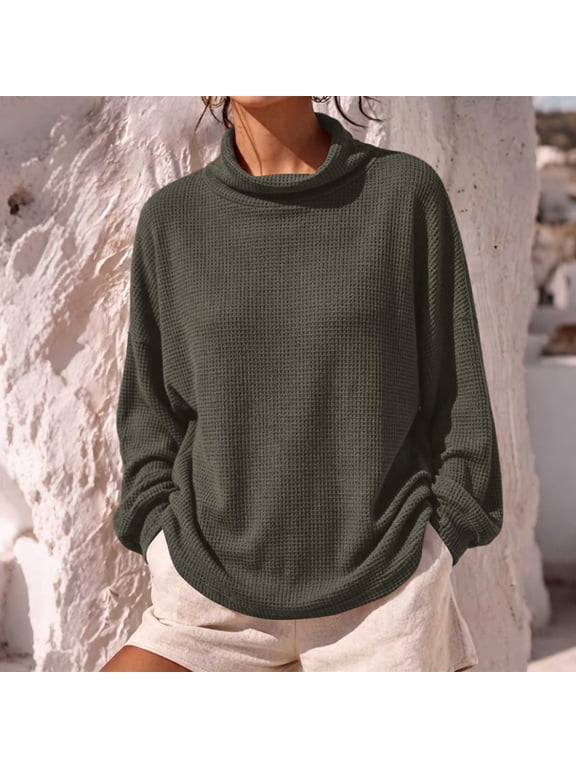 Women's Waffle‑Knit Turtleneck Pullover, Cowl‑turtleneck Collar, Drop‑shoulder Relaxed Cut, Solid‑color Knit Top, For Indoor Chill‑time, Home Movie Nights Gray M