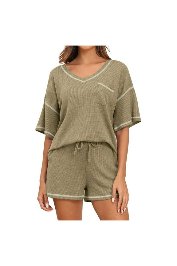 Women's Waffle Knit Two Piece Set Short Sleeve Top and Drawstring Shorts Casual Loose Tracksuit with Pockets LoungewearKhaki,L