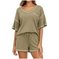 thumbnail image 1 of Women's Waffle Knit Two Piece Set Short Sleeve Top and Drawstring Shorts Casual Loose Tracksuit with Pockets LoungewearKhaki,S, 1 of 6