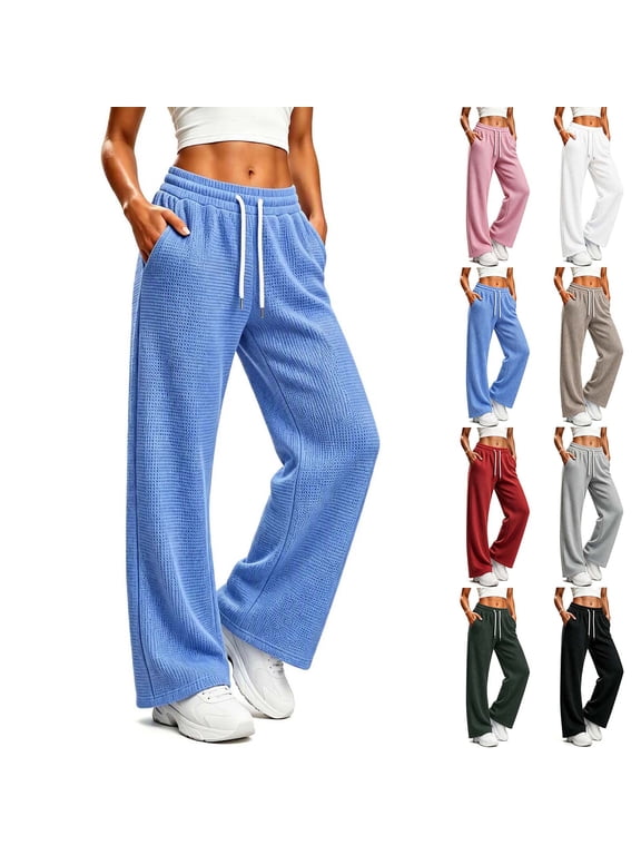 Women's Waffle Knit Wide Leg Sweatpants Drawstring Elastic High Waist Loose Fit Loungewear with Pockets Soft Casual Y2K Streetwear Trousers White