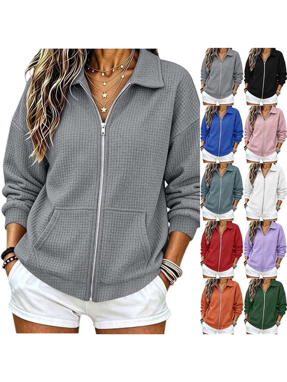 Women's Waffle Knit Zip Up Jacket Collared Long Sleeve with Pockets Casual Outerwear
