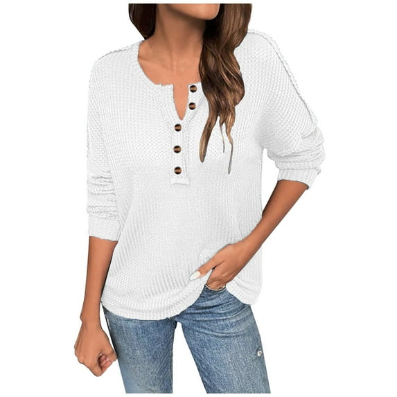 Women's Waffle Knits Shirt Solid Color Button Down V-Neck Long Sleeve Pullover Blouse Fall Winter Fashion Casual Sweaters Tops