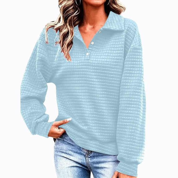 Women’s Waffle Lapel Button Sweatshirt Oversized Long Sleeve Pullover Sweatshirt Fall Loose Fits Casual Layered Tops
