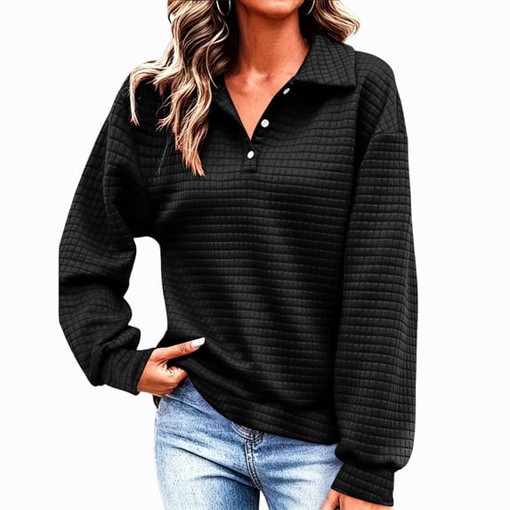 Women’s Waffle Lapel Button Sweatshirt Oversized Long Sleeve Pullover Sweatshirt Fall Loose Fits Casual Layered Tops