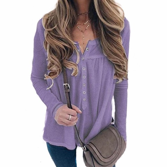 Women's Waffle Loose Button Long Sleeve Top Knit Button Up V Neck Shirts Casual Tops Pullover with Buttons Down Purple XXXL