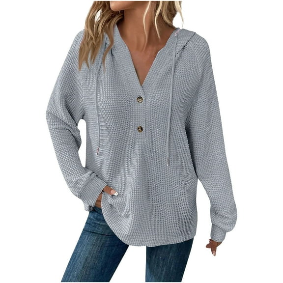 Women's Waffle Pullover Hoodies V Neck Hoodies Sweatshirts 1/2 Button Hooded Tops with Drawstring Loose Fit Hoodie Coat Long Sleeve Sweaters Top Stylish Womens Autumn Outfits Clothed