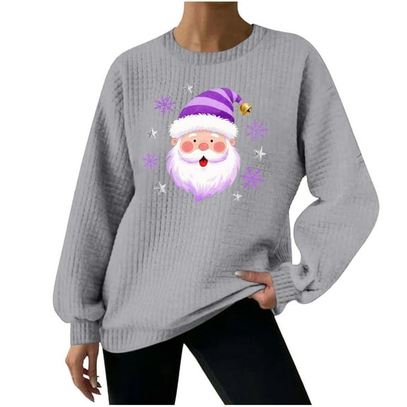 Women's Waffle Pullover Sweatshirt Santa Claus Graphic Tops Merry Christmas Shirts Xmas Novelty Tees Happy Festival Outfits Christmas Hat Clothing Comfy Pullovers