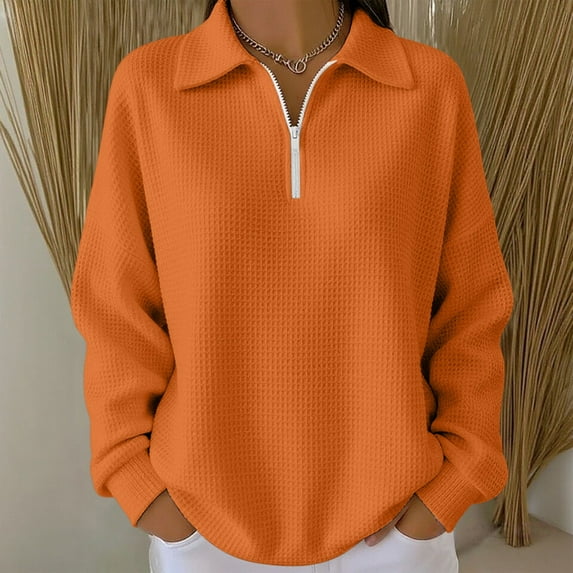 Women's Waffle Quarter Zip Pullover, Stand Collar Drop Shoulder Sweatshirt, Solid Color Long Sleeve Top, Casual Textured Blouse, Comfort Stretch Pocket Pullover Orange L