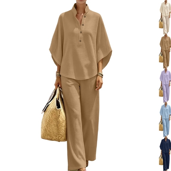 Women's Waffle Sets 2 Piece Batwing Sleeve Button Down Shirt Pants Outfit Casual Summer Vacation Clothing Khaki L