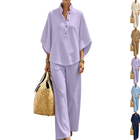 Women's Waffle Sets 2 Piece Batwing Sleeve Button Down Shirt Pants Outfit Casual Summer Vacation Clothing Light Purple XL