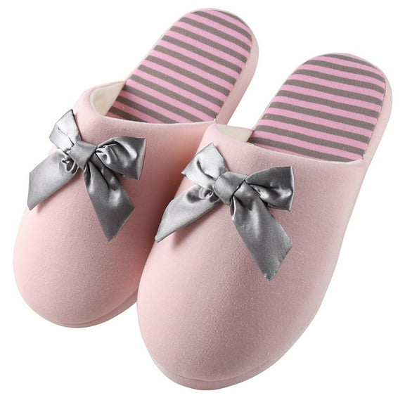 Women’s Waffle-Stripes & Bow Indoor Slippers – Plush Fleece Lined Slip-On House Shoes with Non-Slip Weather-Resistant Outsole