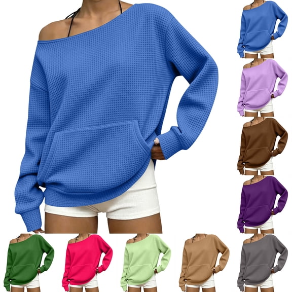 Women's Waffle Sweatshirts Off the Shoulder Long Sleeve Loose Fit Solid Color Casual Pullover Tops with Pocket
