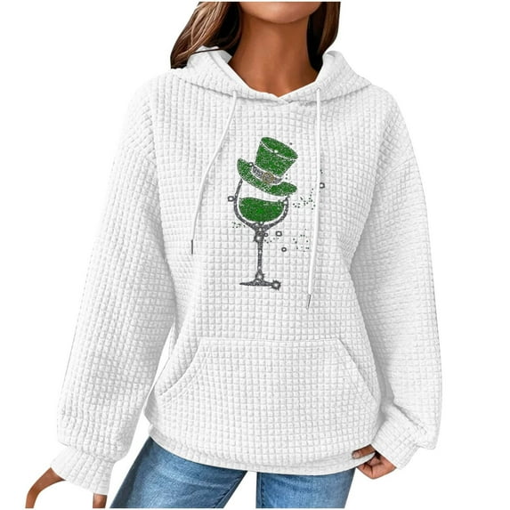 Women's Waffle Sweatshirts St. Patrick's Day Letter Graphic Print Drawstring Casual Loose Pullover Hoodies with Pockets(White,M)