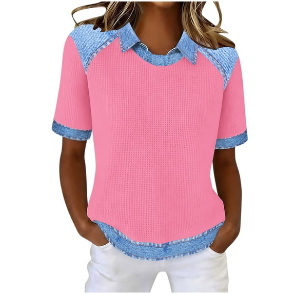 Women's Waffle Tee Shirts Short Sleeved Collared Patchwork T Shirt Casual Loose Athletic Workout Summer Lightweight Tees Tops