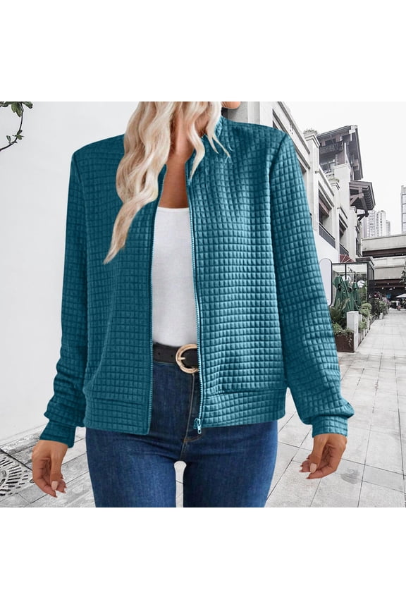 Women's Waffle Texture Zip Up Jacket, Long Sleeve Lightweight Cardigan, Casual Loose Fit Sweatshirt, Soft Fall Fashion Top, Breathable Open Front Coat, Comfortable Layering Piece Blue XL