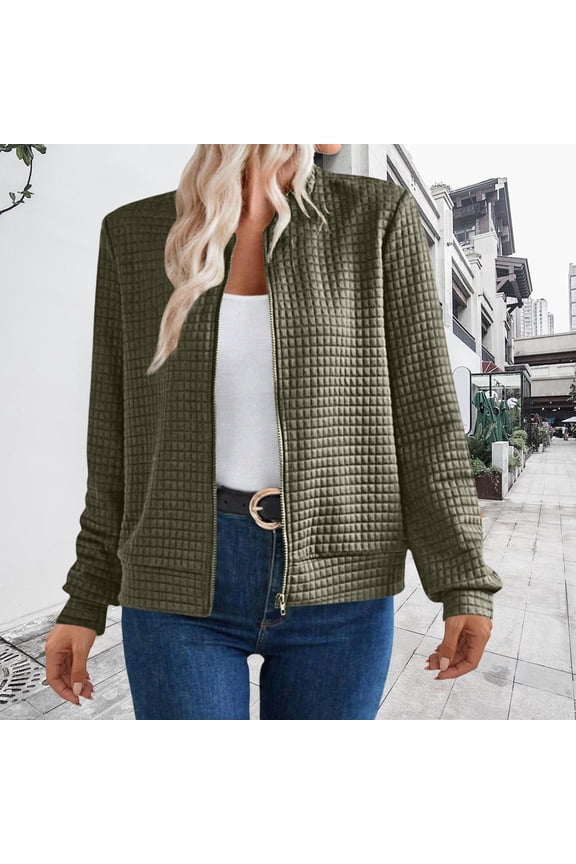 Women's Waffle Texture Zip Up Jacket, Long Sleeve Lightweight Cardigan, Casual Loose Fit Sweatshirt, Soft Fall Fashion Top, Breathable Open Front Coat, Comfortable Layering Piece Green L