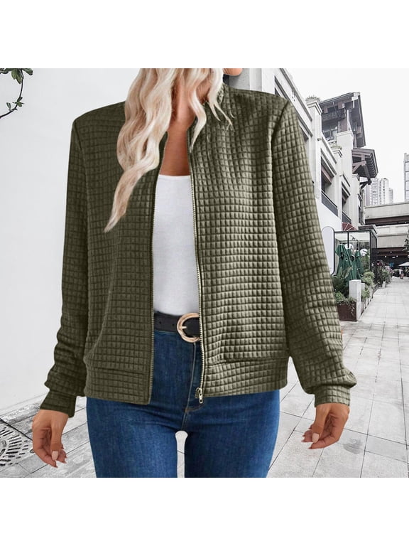 Women's Waffle Texture Zip Up Jacket, Long Sleeve Lightweight Cardigan, Casual Loose Fit Sweatshirt, Soft Fall Fashion Top, Breathable Open Front Coat, Comfortable Layering Piece Green XL