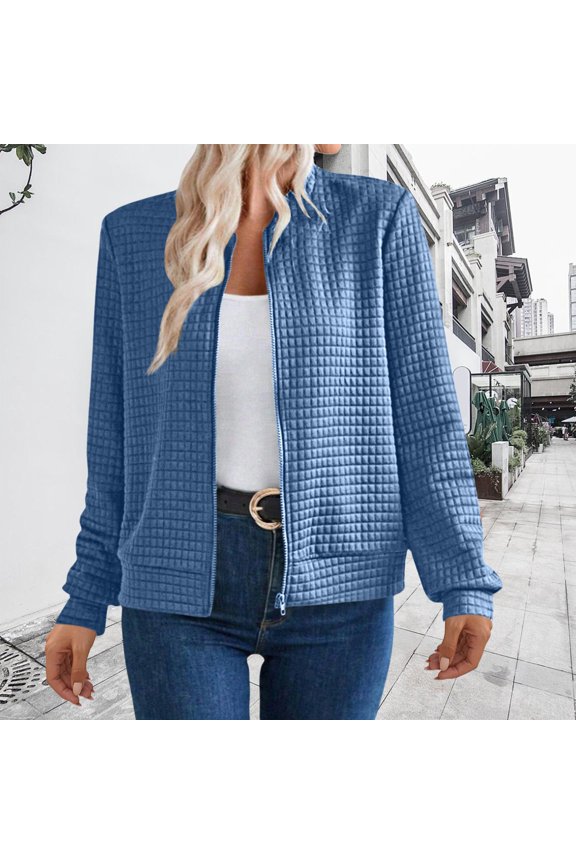 Women's Waffle Texture Zip Up Jacket, Long Sleeve Lightweight Cardigan, Casual Loose Fit Sweatshirt, Soft Fall Fashion Top, Breathable Open Front Coat, Comfortable Layering Piece Blue XXL