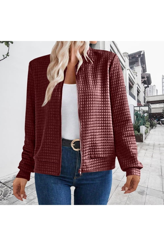 Women's Waffle Texture Zip Up Jacket, Long Sleeve Lightweight Cardigan, Casual Loose Fit Sweatshirt, Soft Fall Fashion Top, Breathable Open Front Coat, Comfortable Layering Piece Red XXL