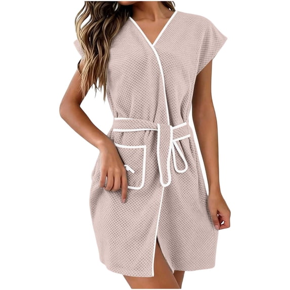 Women's Waffle Weave Bathrobe, Absorbent Short Sleeve Wrap Robe with White Piping Trim and Belt, Quick-Dry Mid-Length Sleepwear for Home & Spa