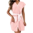 thumbnail image 1 of Women's Waffle Weave Bathrobe, Absorbent Short Sleeve Wrap Robe with White Piping Trim and Belt, Quick-Dry Mid-Length Sleepwear for Home & Spa, 1 of 7