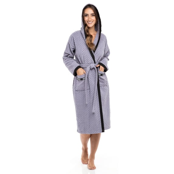 Women’s Waffle Weave Robe Ladies Hooded Bathrobe 100% Terry Cotton Spa Robes Gray XXL