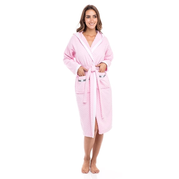 Women’s Waffle Weave Robe Ladies Hooded Bathrobe 100% Terry Cotton Spa Robes Pink XXL