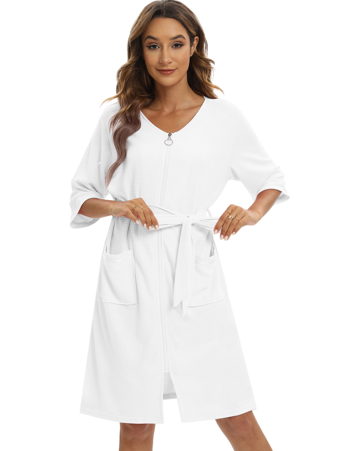 Women's Waffle Wrap Robe Zipper Robes Half Sleeve Zip Front Knee Length
