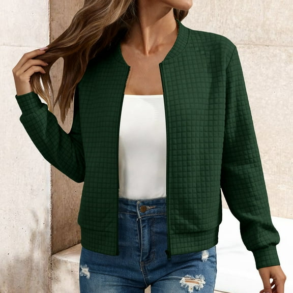 Women's Waffle Zip Up Jacket, Casual Jacket with Front Zipper, Soft Breathable Outerwear, Comfortable Lightweight Waffle Texture Coat for Women, Everyday Wear Waffle Pullover Blackish Green S