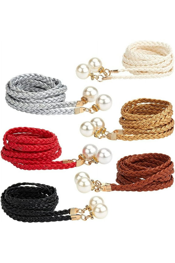 Women's Waist Belt - 6 Colors Woven Tassels Chain With Imitation Pearl - PU Leather Rope Skinny Tie Boho Fringe for Skirt Dress - 53 Inch Long Mixed Color