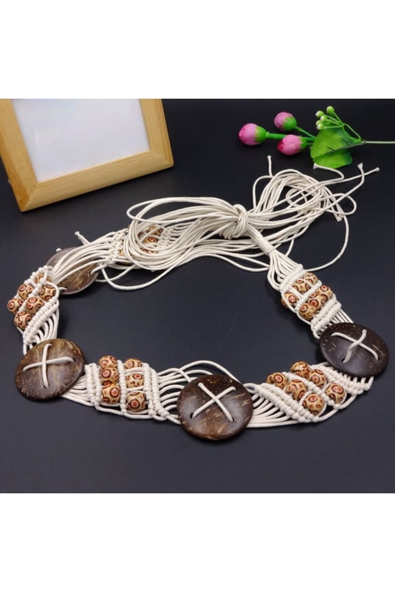 Women's Waist Belt Bohemian Style Rope Braid Hand-Woven Wax Rope Belts Women Braided Woven Elastic Stretch Belt Women Wax Rope Hand Woven Belt Wooden Beads Coconut Knit Waistband
