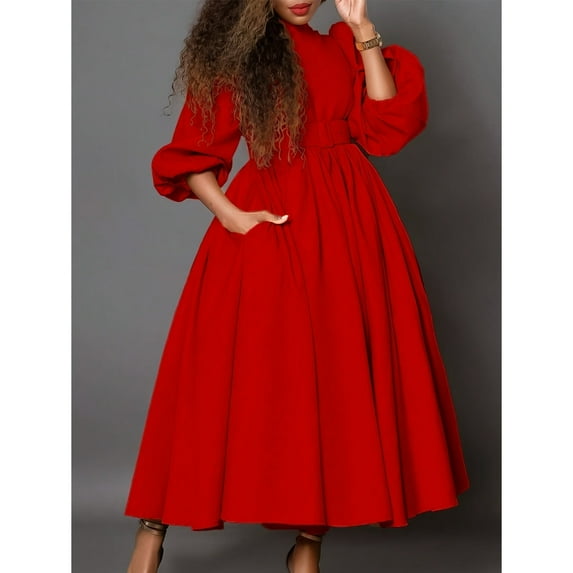 Women's Waist Cinching Elegant Socialite Big Display Solid Color with Pocket Belt Dress