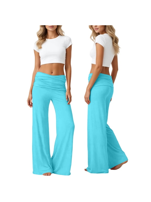 Women's Waist Pleated Yoga Pants Solid Color Wide Leg Loose Fit Stretchy Slacks Activewear Teal Mint Green L