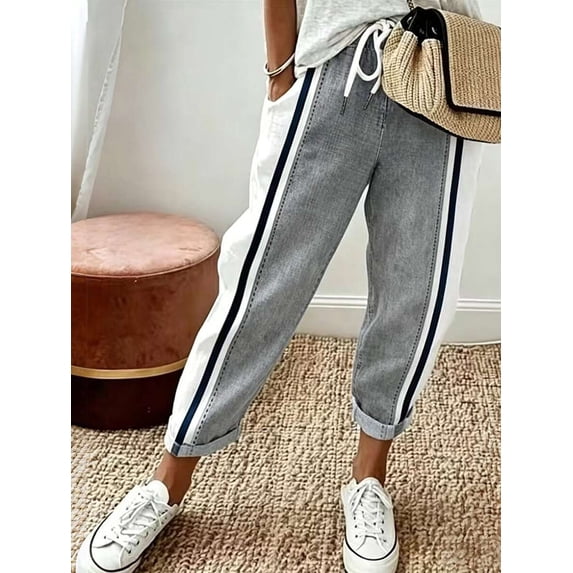 Women's Waist Tie Tapered Pants, Side Stripe Cropped Trousers with Pockets for Everyday, Casual, Gym & Athleisure Wear