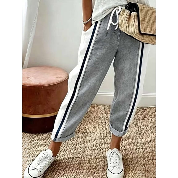 Women's Waist Tie Tapered Pants, Side Stripe Cropped Trousers with Pockets for Everyday, Casual, Gym & Athleisure Wear