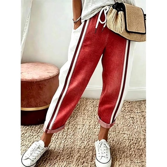 Women's Waist Tie Tapered Pants, Side Stripe Cropped Trousers with Pockets for Everyday, Casual, Gym & Athleisure Wear