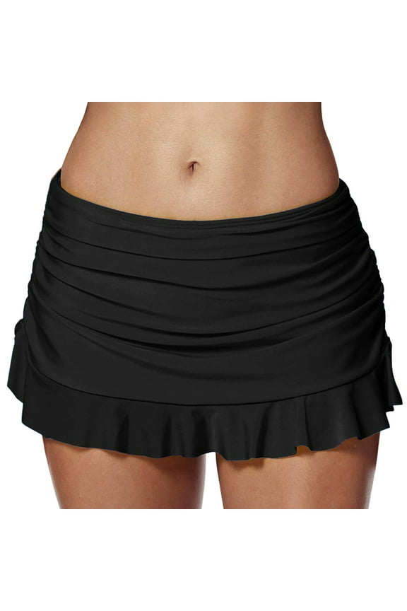 Women's Waistband Layered Swimdress Ruffle Swim Skirt Swimsuit Bottom Black M