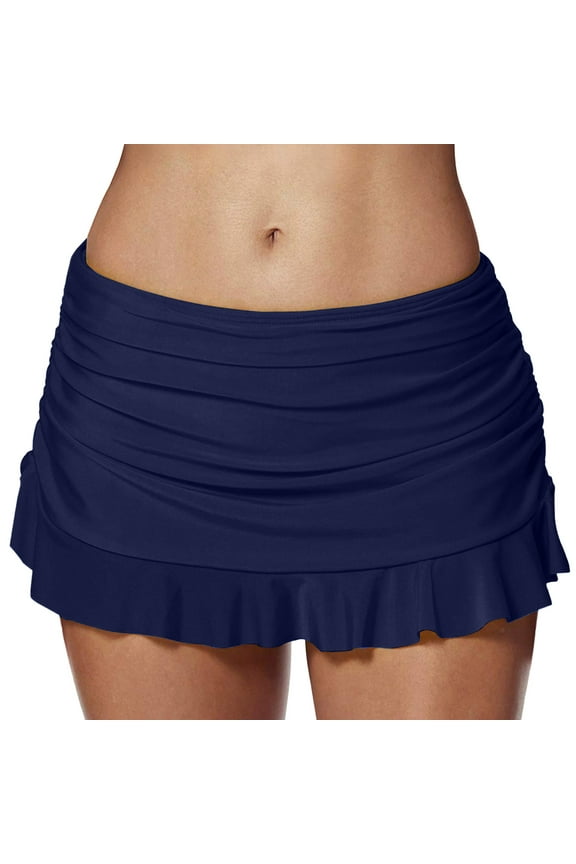 Women's Waistband Layered Swimdress Ruffle Swim Skirt Swimsuit Bottom Dark Blue S