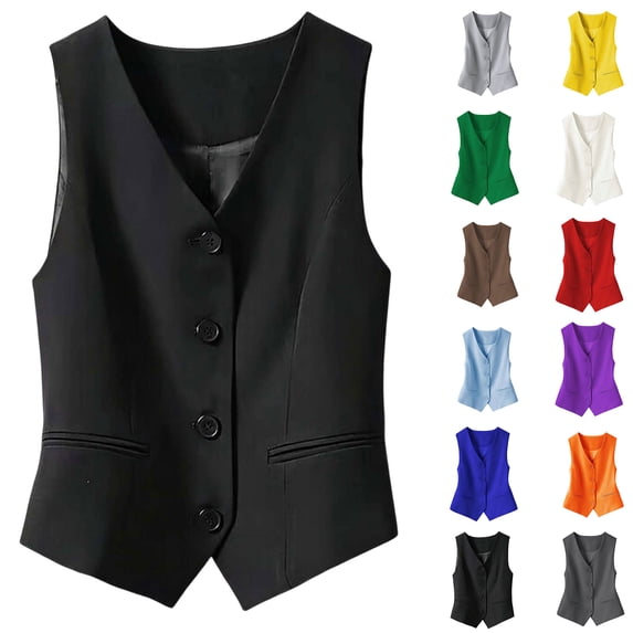 Women's Waistcoat Vest V Neck Button Down Blazer Jacket (Black XL)