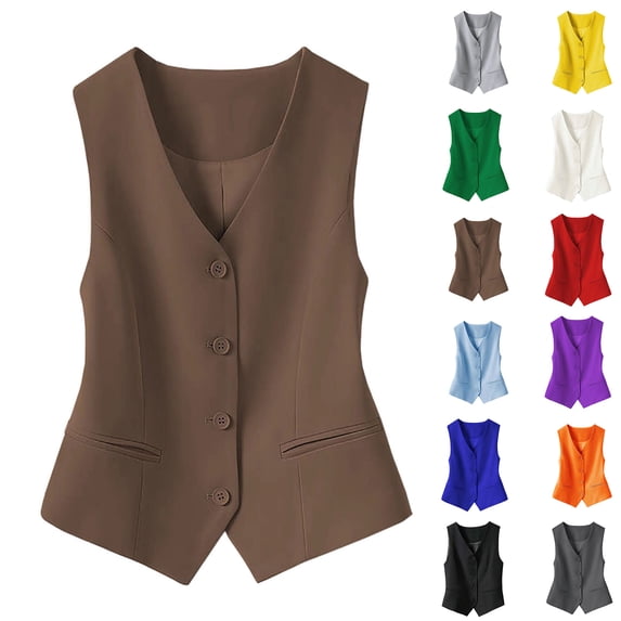 Women's Waistcoat Vest V Neck Button Down Blazer Jacket (Coffee M)