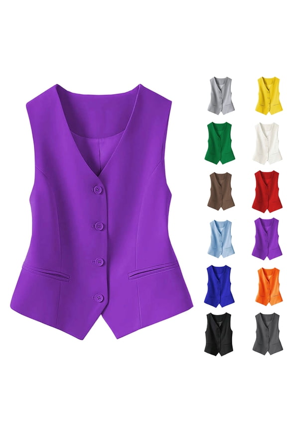 Women's Waistcoat Vest V Neck Button Down Blazer Jacket (Purple XL)