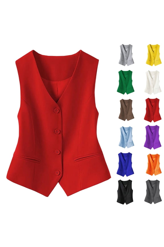 Women's Waistcoat Vest V Neck Button Down Blazer Jacket (RD1 S)