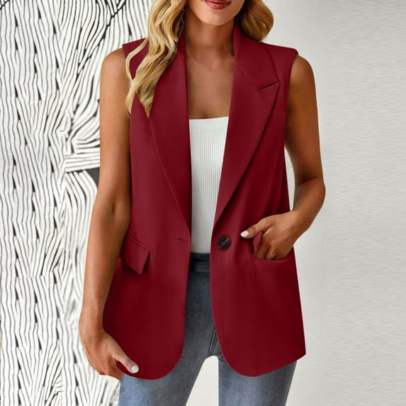 Women's Waistcoats Vintage V-Neck Button Down Sleeveless Dressy Suit Vest with Pockets Wine XXXL