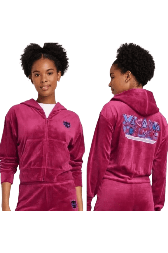 Women's Wakanda Forever Velour Graphic Zip-Up Hoodie - (Berry Red, Large)
