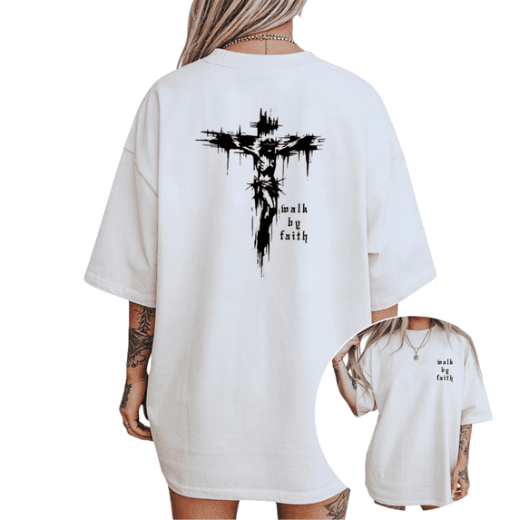 Women's "Walk By Faith" Abstract Jesus Cross Religious Quote Inspirational Casual T Shirt Short Sleeve Round Neck Top White S-5XL