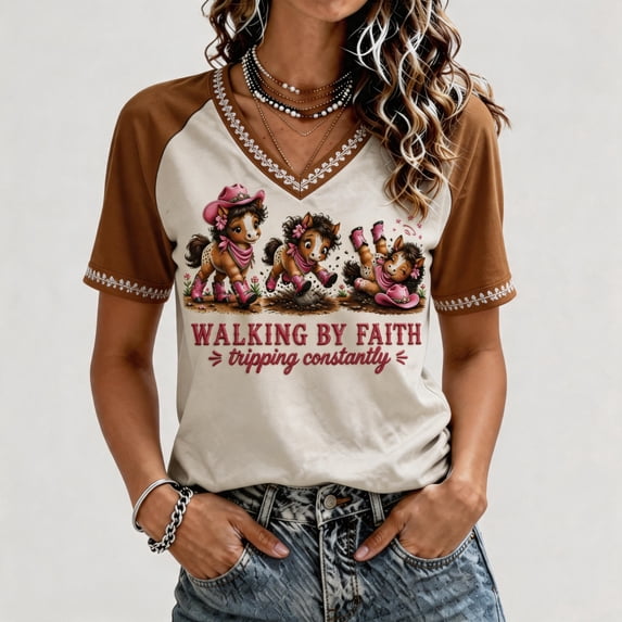 Women's Walking By Faith Tripping Constantly T-Shirt Cute Cow Pattern Printed Short Sleeve V Neck Tee Tops