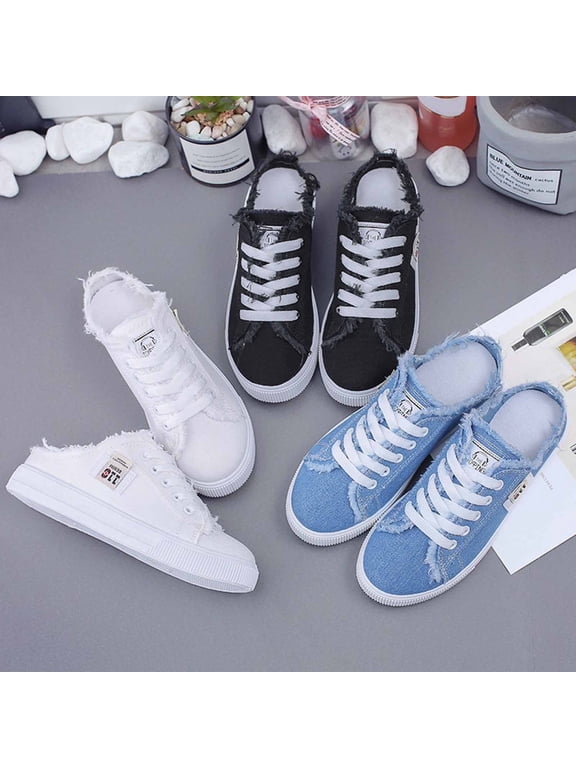 Women's Walking Mules Sneakers Slip on Canvas House Slippers Platform Backless Sneakers Wide Non Slip Chunky Sole Lace Up Breathable Flat Casual Sandals Round Toe Backless Tennis Shoes, 36