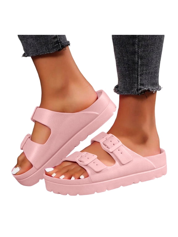 Women's Walking Platform Sandals Arch Support Lightweight Chunky Slip on Foam Slides with Adjustable Buckle Slippers for Beach Daily Wear Pink Size 7